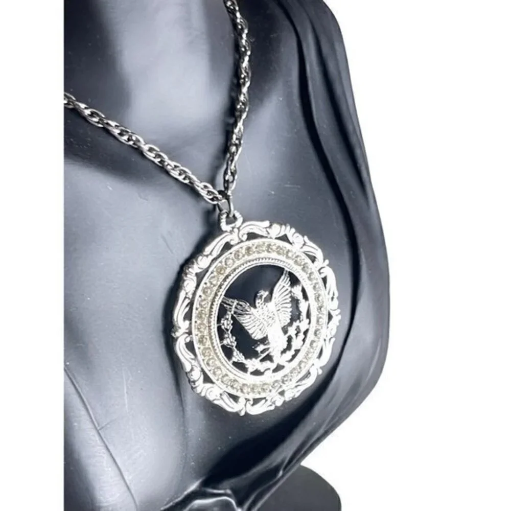 Spirit of 76 Royal Eagle Medallion Statement Vintage Necklace with Rhinestones